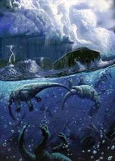 A picture of the ark on a wild sea filled with drowned dinosaurs.