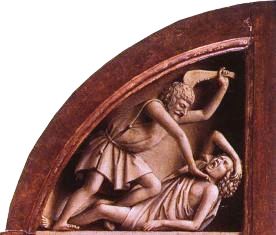 A wood carving depicting Cain clubbing Abel to death.
