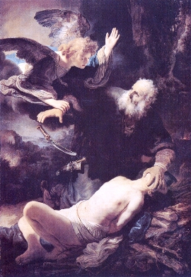 A painting of Isaac bound on an altar about to have his throat cut.
