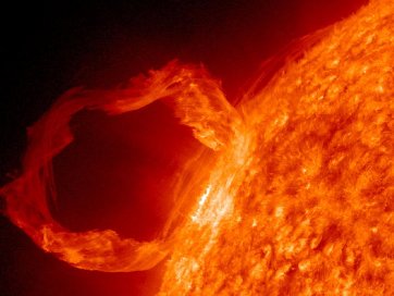 A photograph of a solar flare out of the surface of the sun.