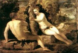 A painting of Adam and Eve in the Garden of Eden.