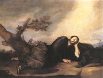 A painting of Jacob sleeping with a rock as his pillow at Bethel.