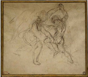A drawing of Jacob wrestling with The Angel of The Lord.