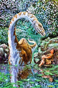A picture of a boy and a dinosaur relating peacefully to one another.